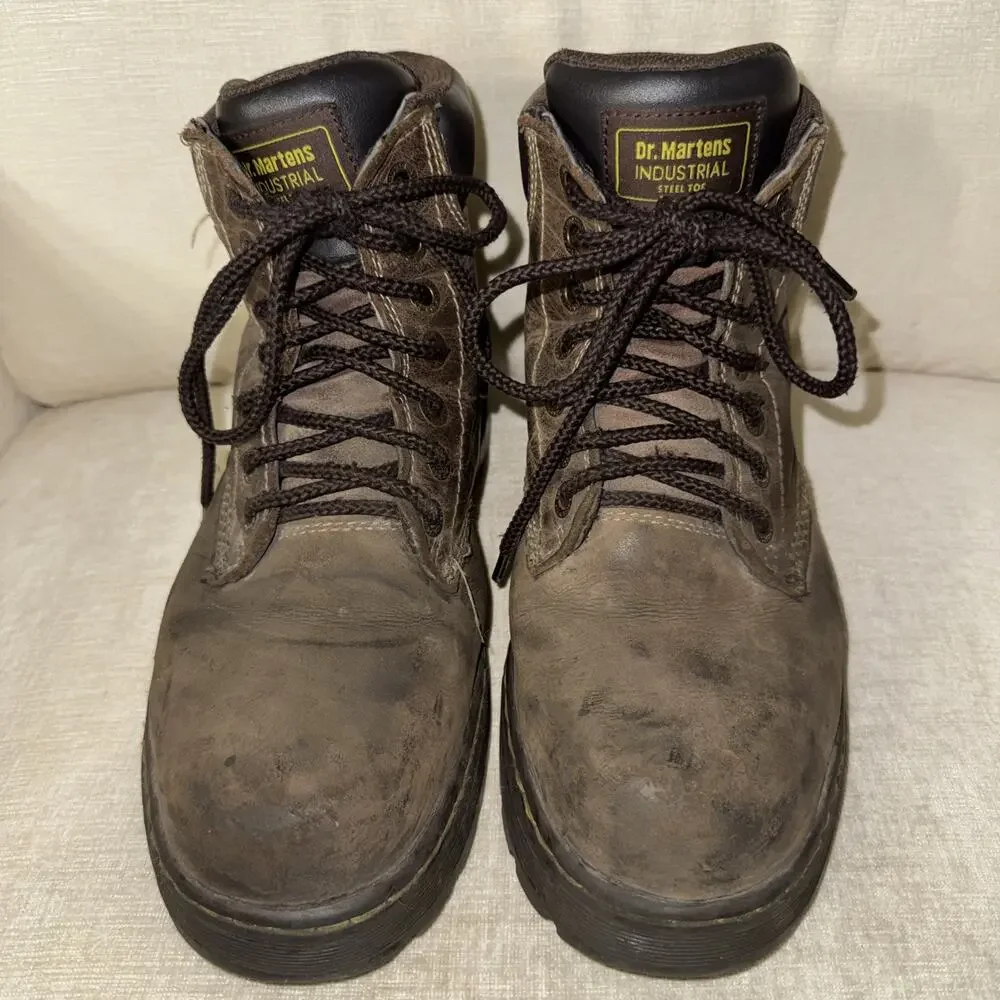 Doc Martens Men Industrial Brown Leather Steel Toe Boot Sz 9 DM347 F2413-11